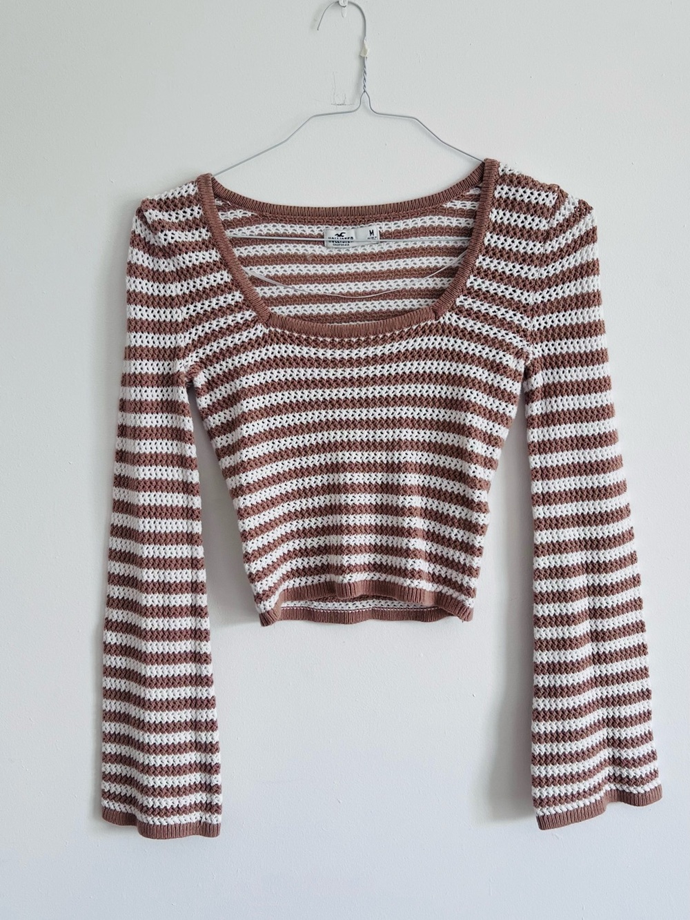 Hollister Brown Crochet Stripe Bell Sleeve Crop Top • 70s Y2K